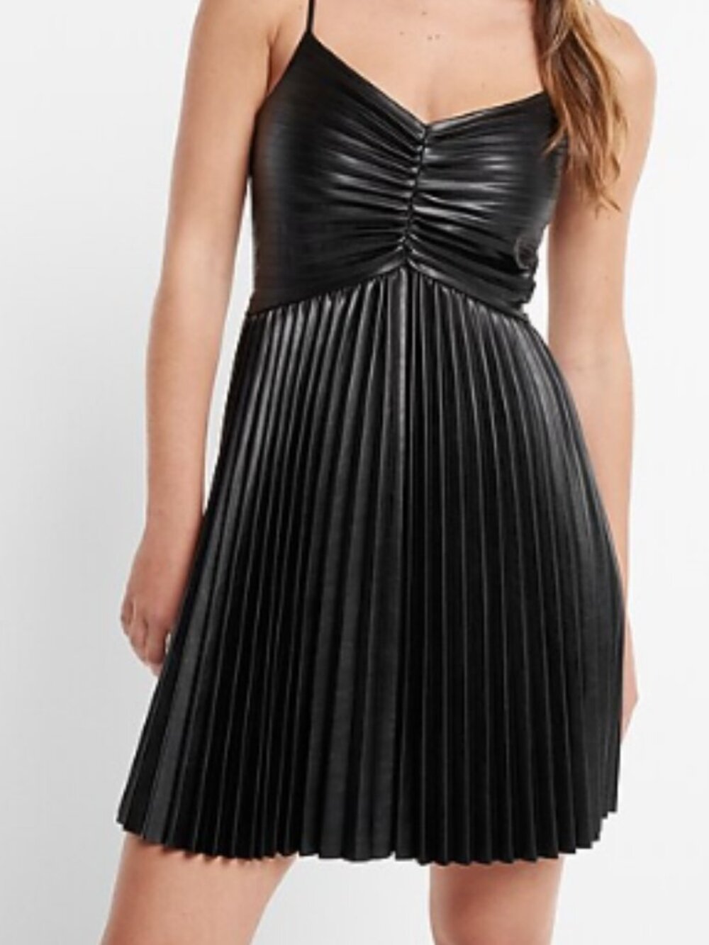 Express Faux Leather V-Neck Pleated Fit And Flare Mini Little Black Dress. - Picture 4 of 15
